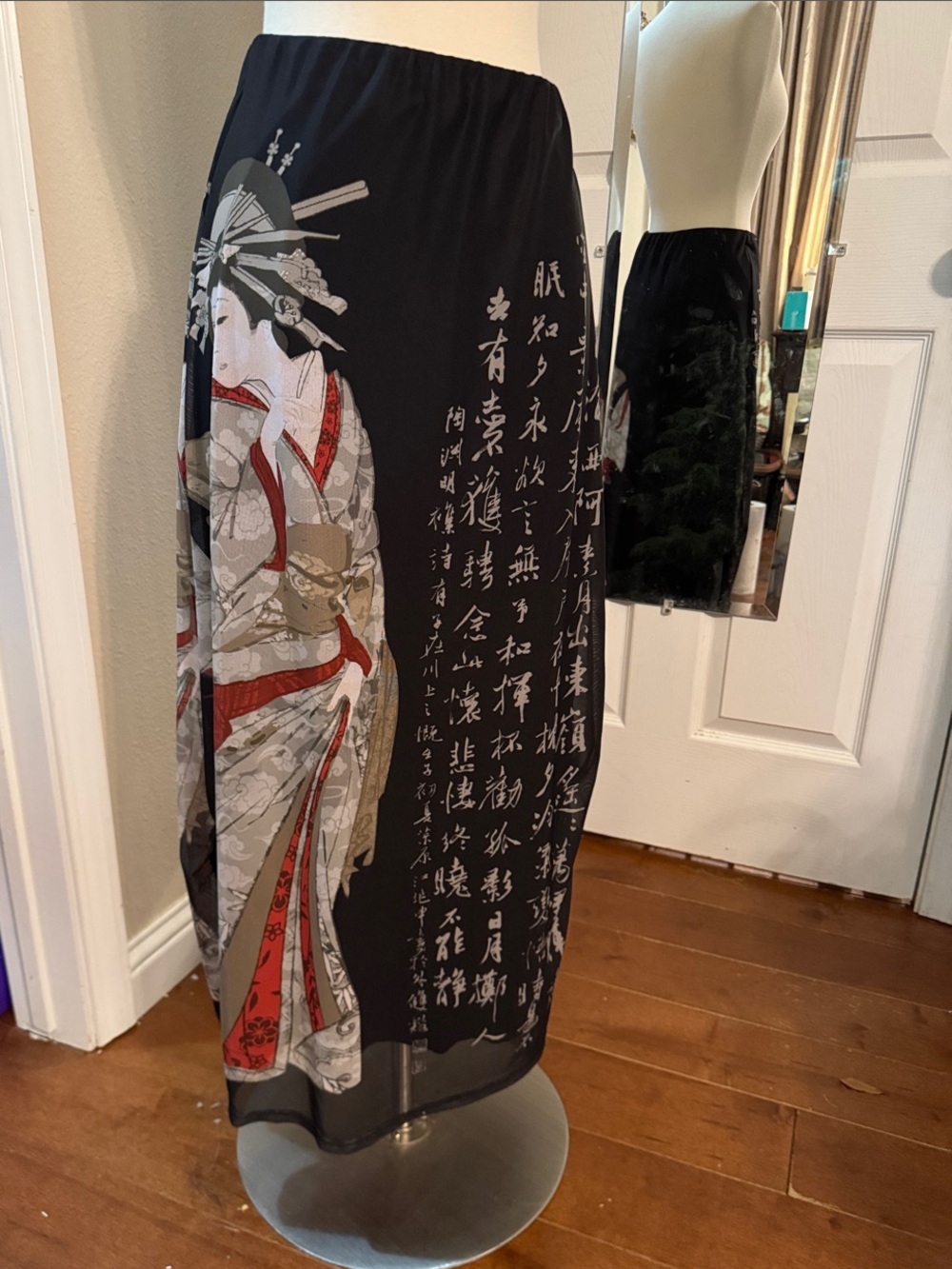 Black Geisha Print Sheer Maxi Skirt
